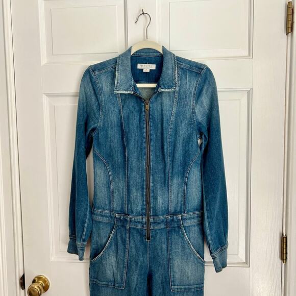 Guess Blue Denim Long Sleeve Straight Leg Zip Front Jumpsuit Size 6 - Picture 3 of 5